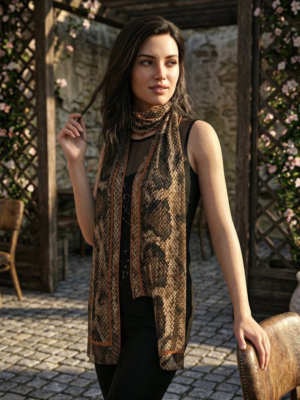 Women's Scarf Sheer‎ Snakeskin pattern brown and black 54.5" Long